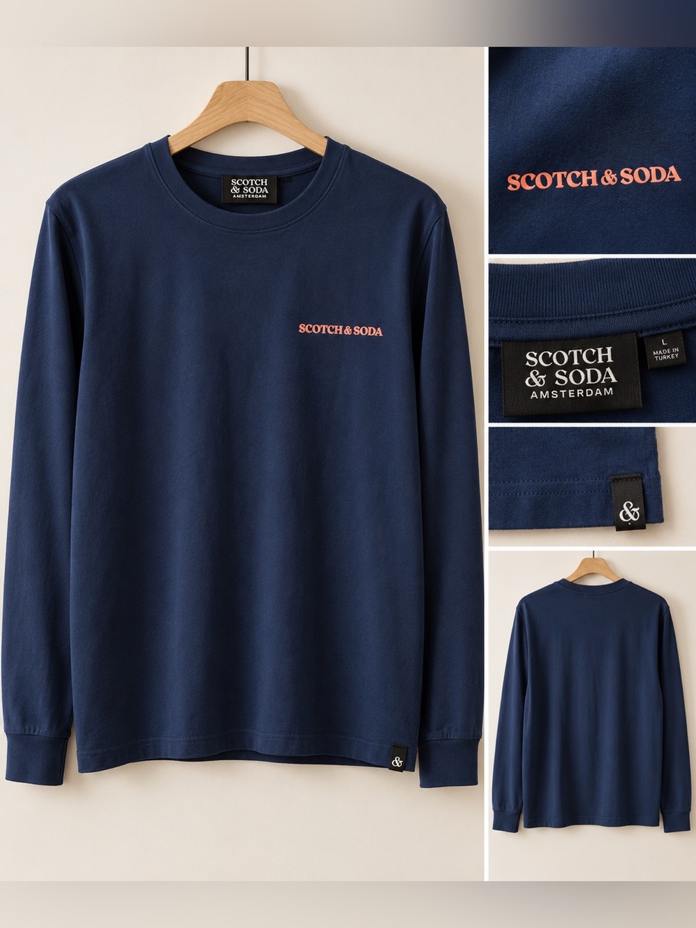 Scotch & Soda Navy Long Sleeve Tee with Coral Logo